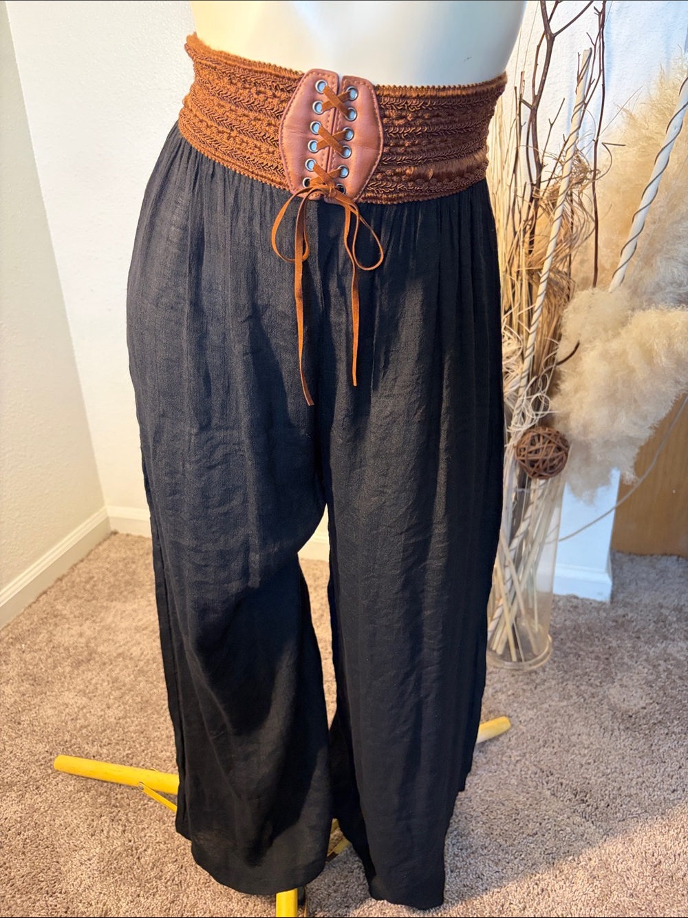 Black Wide-Leg Trousers with Brown Lace-Up Waist